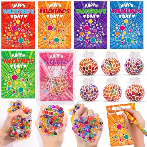 24 Pack Valentines Day Gifts for Kids, Fidget Stress Balls with Valentine Cards Heart Stress Relief Toys Squeeze Balls for Kids Boys Girls Classroom Exchange School Prize and Party Favors Gifts