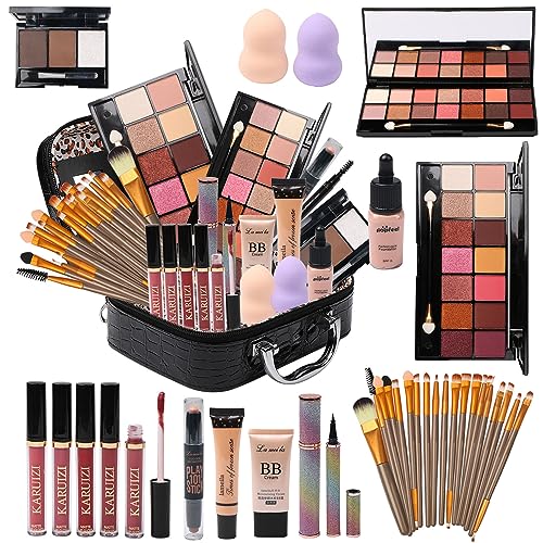 All in One Makeup Kit for Makeup storage bag 2X14 Colors Eyeshadow Palette Liquid Foundation Eyeliner Pencils Contouring Stick Lip Gloss 20Pcs Makeup Brushes For Women Girls Teens (Black)