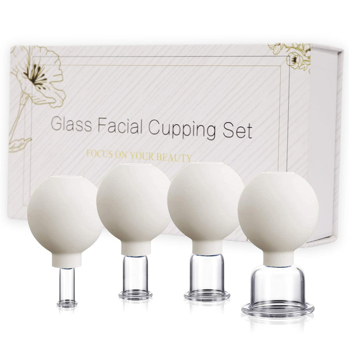 Verynewbee Glass Facial Cupping Gift Set - 4Pcs Face Cupping Therapy Sets, Silicone Vacuum Suction Cupping Cups, Anti Aging Facial Massage Cupping Tool, for Face, Neck and Whole Body (White)