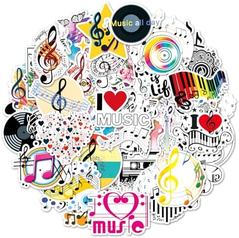 50PCS Vinyl Music Decals - Waterproof Stickers for Musicians, Kids & Band Parties | Retro Instrument Stickers for Water Bottles & Journals