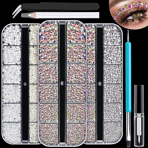 3600pcs Face Gems Eyes Jewels with Glue, Round Glass Crystal AB & Clear + AB Rhinestones, Flatback White & Beige Pearls, Flatback Rhinestone Pearl Kits for Make-up, Nail Art