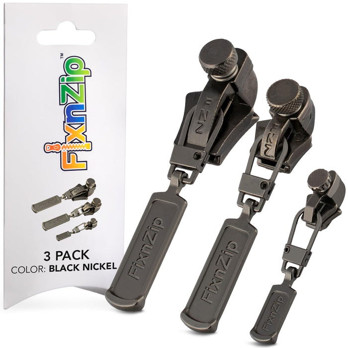 FixNZip Small, Medium, and Large Black Nickel Zipper Repair Kit Bundle | Universal No-Sew Slider Replacement for All Apparel Needs | Instant and Reusable Zipper Repair Tool | Sizes 1-10