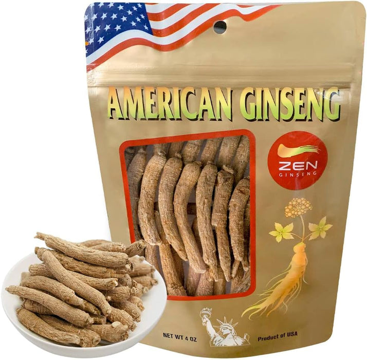 Zen Ginseng 花旗参 - 4 oz Bag of American Wisconsin Ginseng Root - Non-GMO, Gluten Free. Add This Ginseng in Soup, Tea, Coffee, juices, Smoothies and Baking (Small Long Root 4 oz Bag)