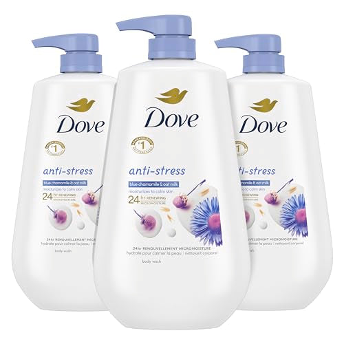 Dove Body Wash with Pump Anti-Stress Blue Chamomile & Oat Milk, 3 Count for Renewed, Healthy Looking Skin, Moisturizing Gentle Skin Cleanser with 24hr Renewing MicroMoisture, 30.6 oz
