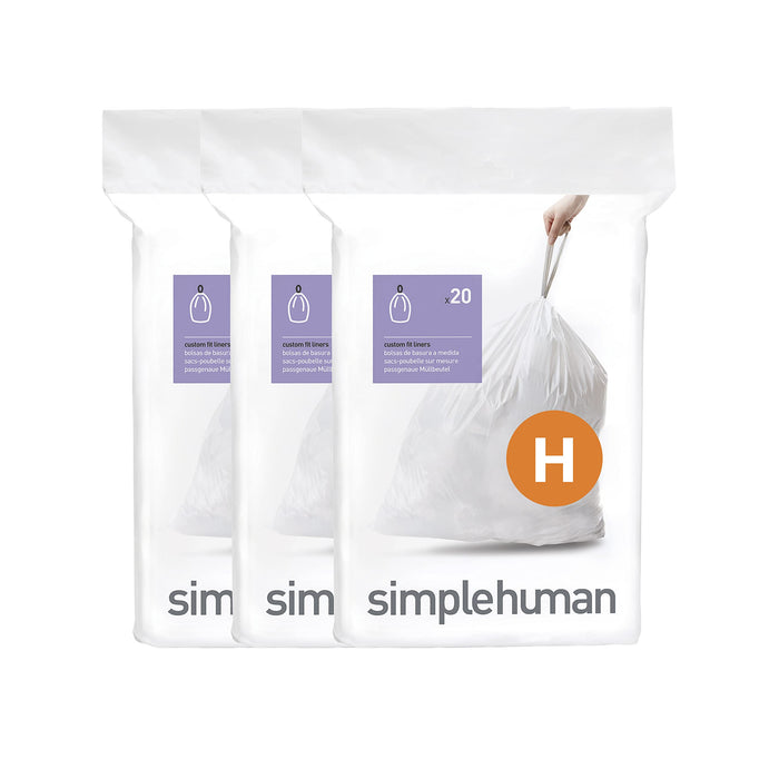 simplehuman Code H 60 Count, Genuine Custom Fit Liners, Drawstring Trash Bags in Dispenser Packs, 30-35 Liter / 8-9.2 Gallon, White