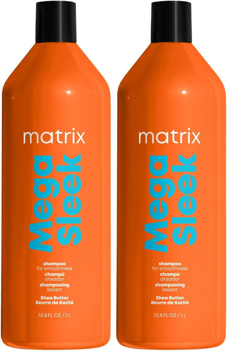MATRIX Mega Sleek Shampoo - Anti-Frizz Moisturizing Shampoo,Smoothing and Detangling,For Dry & Damaged Hair,Salon Professional Formula,With Shea Butter,Vegan,33.8 Fl Oz,(Pack of 2)