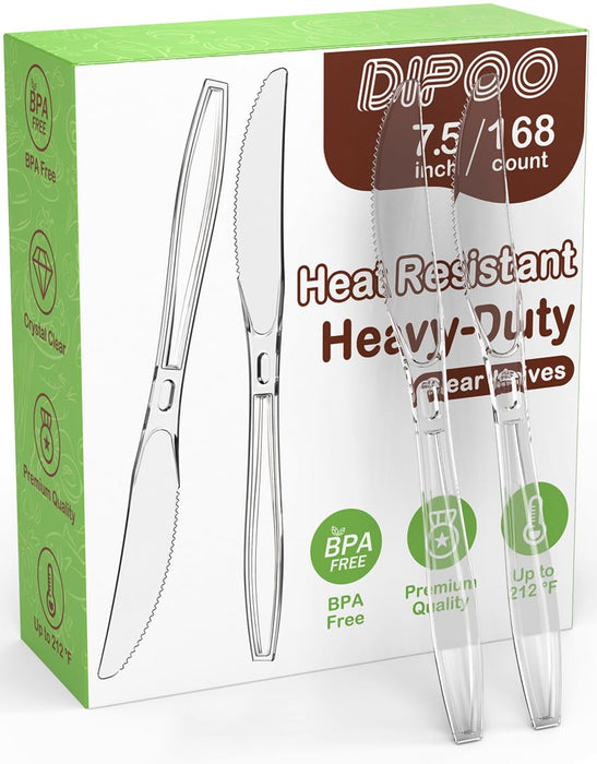 168pc 7.5" Clear Plastic Knives Heavy Duty Upgraded Heat Resistant & BPA Free, Solid and Durable Plastic Cutlery, Premium Disposable Knives, for Party Supply