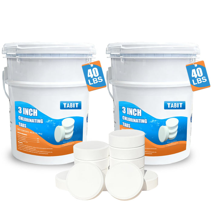 TABIT 80 lbs Chlorine Tablets 3 Inch for Swimming Pools – Slow Dissolving & Long Lasting – 99% Available Chlorine Tri-Chlor – Kills Bacteria & Stops Algae – 2 x 40 lb Buckets