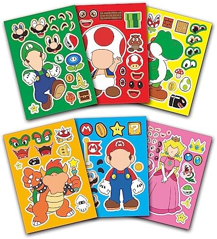 24 Sheets Mario Make-a-Face Stickers - Fun Craft Project with 6 Designs Characters - Perfect Gifts for Birthday Party Favors and Supplies