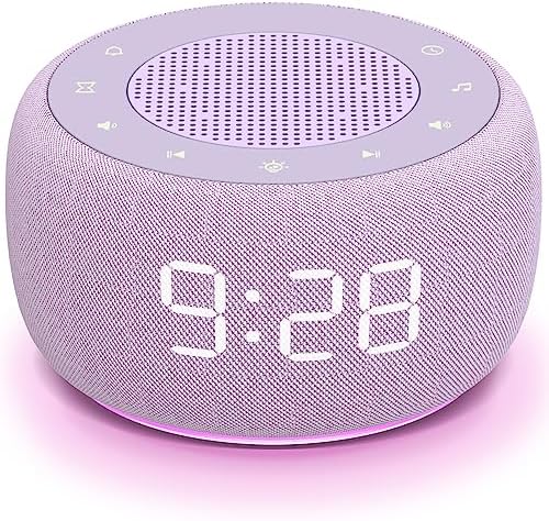 Buffbee Sound Machine & Alarm Clock 2-in-1, 0-100% Clock Face Brightness, Bottom Colored Light, Sleep Timer, Precise 30-Level Volume White Noise Machine, Digital Alarm Clocks for Bedrooms - Purple
