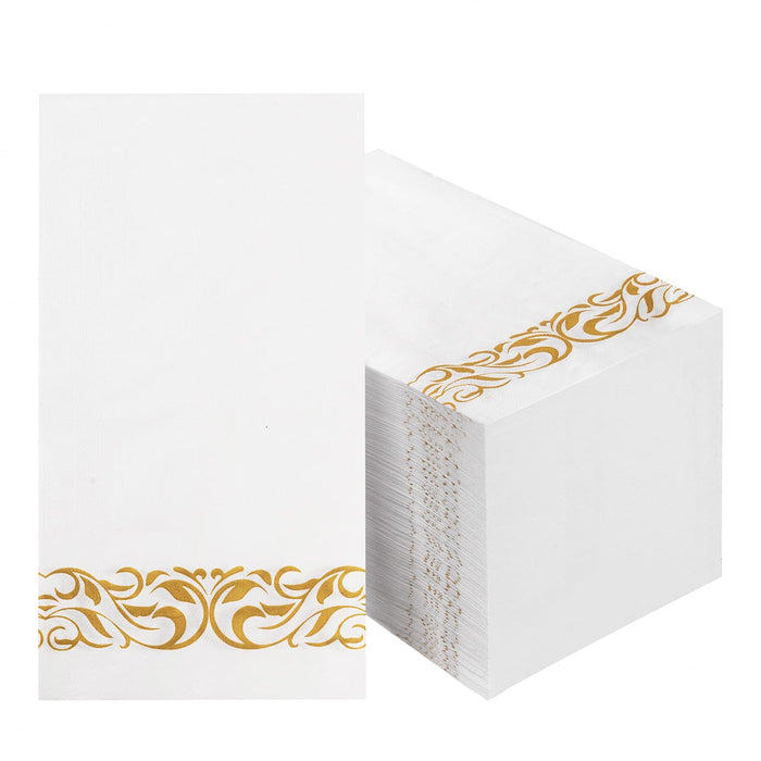 BESTVIP 100 Pack Disposable Paper Napkins, 3-Ply Dinner Napkins with Gold Trim, Soft Bathroom Napkins for Guests, Absorbent Party Napkins Wedding Napkins for Dinners, Kitchen or Events