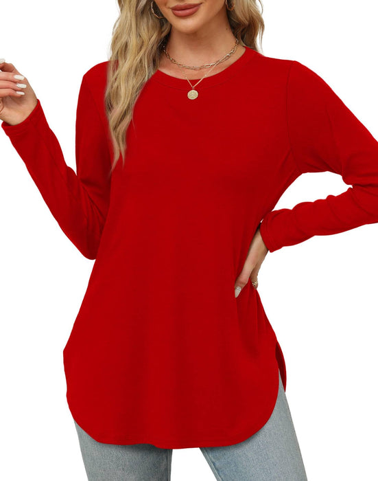 XIEERDUO Long Sleeve Shirts for Women Round Neck Christmas Red Tunic Tops to Wear with Leggings Side Split L