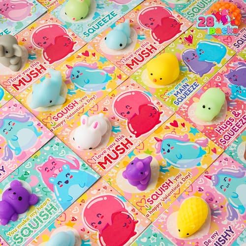 JOYIN 28 Pcs Valentines Day Gift Cards with Animal Squishy Toy, Kawaii Mochi Squishy Toys with Cards, Stress Relief Fidget Toy for Kids Classroom Exchange Prizes, Valentine's Party Favor