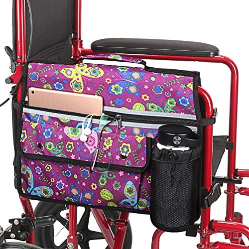 Wheelchair Storage Bag, Double-Sided Armrest Pouch with Cup Holder and Reflective Strip, for Wheelchairs and Walkers (Purple Butterfly)