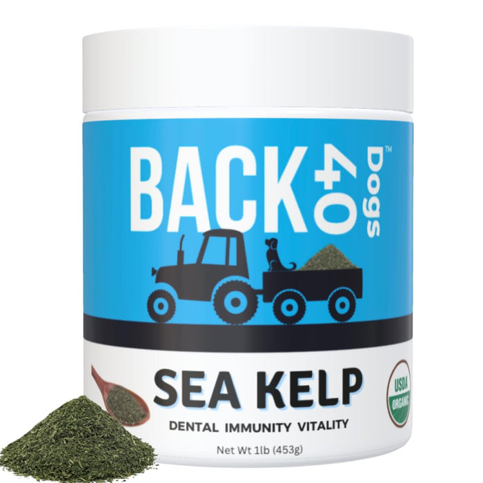 BACK 40 Dogs Kelp Powder, Dried Sea Kelp Supplement for Optimal Pet Health, Multifunctional Dog Vitamins Rich with Iodine & Omegas for Thyroid Health, Dental, Immune, Digestive, & Heart Health, 453g