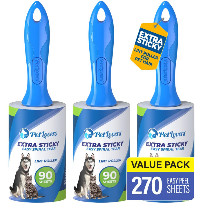 PetLovers Extra Sticky Lint Roller Value Set 270 Sheets for Pet Hair Removal, Dog and Cat Lint Remover 3 Pack