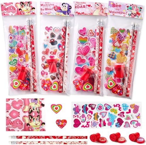 JOYIN 36pcs Valentine Stationery Kids Gift Set, Classroom Exchange Party Favor for Holiday Reward Prizes - Includes Pencils, Erasers, Stamper, Stickers