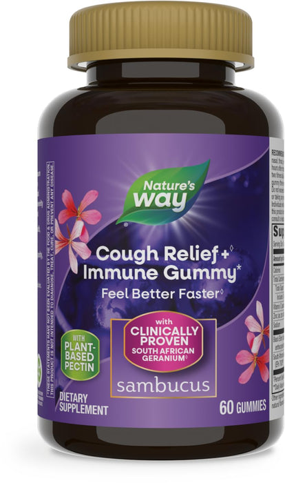 Nature's Way Sambucus Cough Relief+** Immune Gummy*, Feel Better Faster**, Clinically Proven South African Geranium Root Extract**, with Elderberry Extract, Vitamin C & Zinc, 60 Gummies