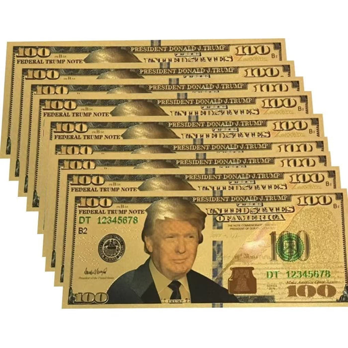 10pc Gold Trump Dollar Bills, 100 President Donald Trump Authentic 24kt Gold Plated Commemorative Bank Note for Collectors