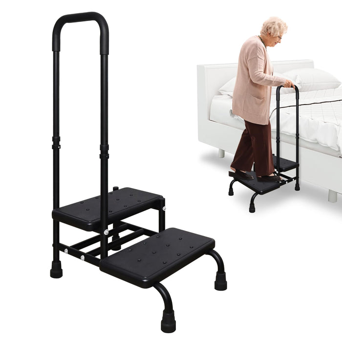 YHK Step Stool with Handle for Elderly, Heavy Duty 2 Step Stool with Handrail, Bedside Steps for High Beds for Adults, Seniors, and People with Mobility Impairments, Maximum Weight Capacity 440 lbs