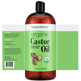 Natural Riches Organic Castor Oil Cold pressed USDA certified for Dry Skin Hair Loss Dandruff Thicker Hair - Moisturizes heals Scalp Skin Hair growth Thicker Eyelashes & Eyebrows 32 fl. oz.