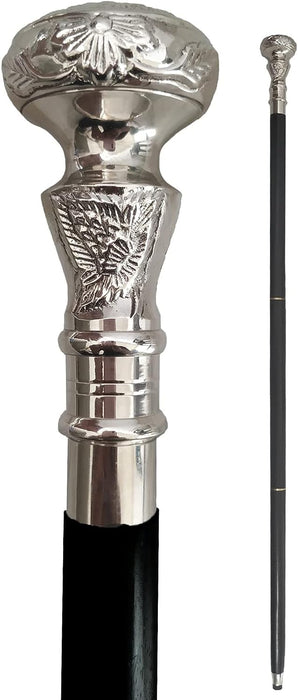 FYNJREX brass walking cane vintage wooden walking stick for women and men black shaft silver brass handle halloween costume cane steampunk knob gift