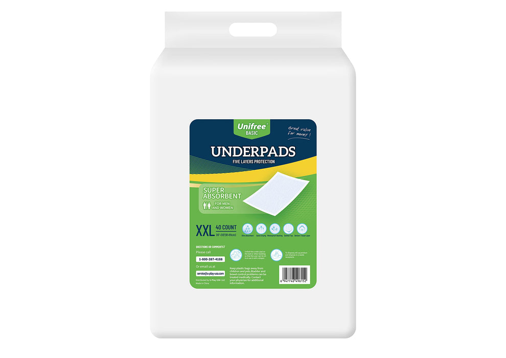 Unifree Disposable Underpads, Bed Pads, Incontinence Pad, Super Absorbent, 40 Count, Blue (XXL 36x36 Inch)