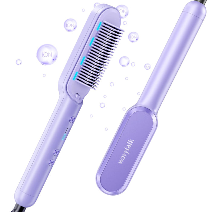 Wavytalk Ionic Hair Straightener Brush, Hair Straightening Comb with Negative Ions, Anti-Scald Ceramic Flat Iron Comb Fast Heating for Home Salon, Dual Voltage, Purple.
