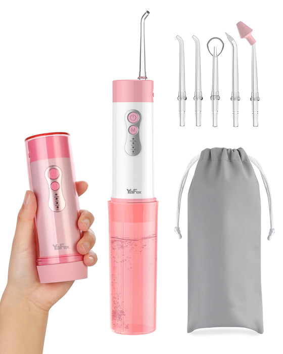 YaFex Water Flosser Oral Irrigator - Portable Water Teeth Cleaning Pick, Rechargeable Dental WaterJet with DIY Mode, 5 Tips, Travel Case (Pink)