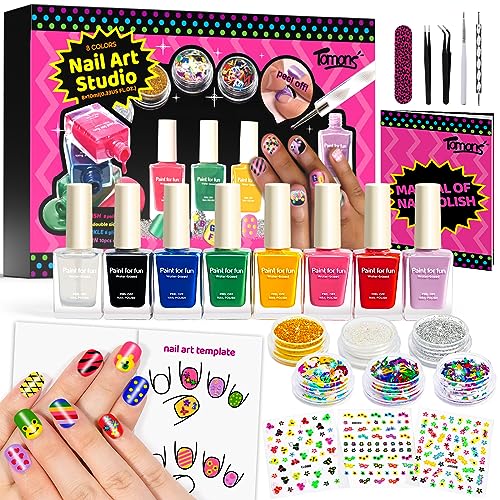 Tomons Nail Polish Set Non Toxic Kids Nail Polish Kit for Kids Ages 7-12, Birthday Gifts for 6 7 8 9 10 11 12 Year Girl, Glitter, Sequins, Stickers, Nail Art Kit Tools- 8 Colors