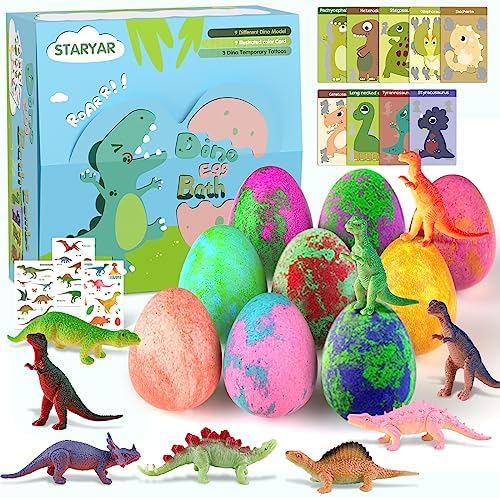 Bath Bombs for Kids with Surprise Toys Inside - 9 Pack Organic Dinosaur Gift Set, Bubble Bath Fizzers, Dinosaur Toys for Boys Girls 3 4 5 6 7 8 9 Years, Valentines Day Gifts for Kids