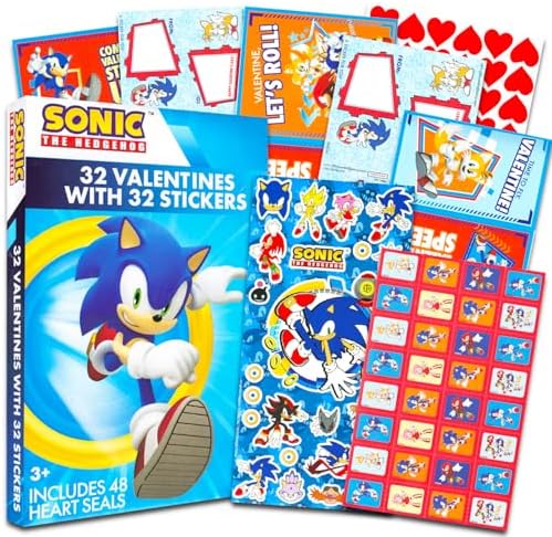 Sonic the Hedgehog Valentine Party Favors for Boys and Girls - 32 Sonic Valentine Day Cards with Stickers for Kids Plus Sticker Sheet | Sonic the Hedgehog Valentine Cards for Classroom Party