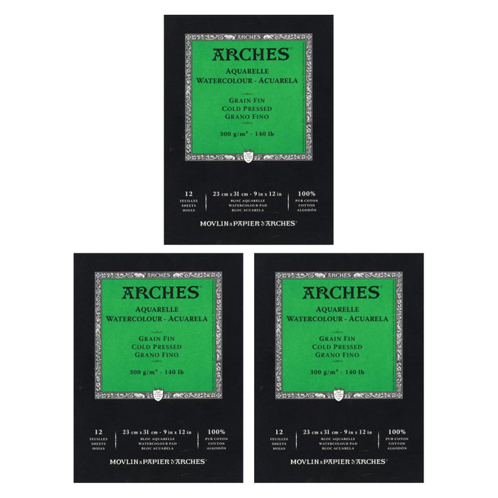 Arches Watercolor Paper Pad, 140 Pound, Cold Press, 9"x12", 12 Sheets/Pack, Case of 3 Packs
