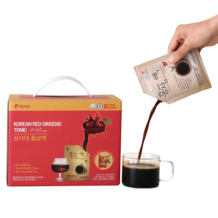 SAMSIDAE Korean Red Ginseng 6years Grown Tonic Plus, Jujube Concentrate, Cornus Fruit Concentrate, Boost Energy and Healthy Tea, Drink - 20 Pouches (Made in Korea)