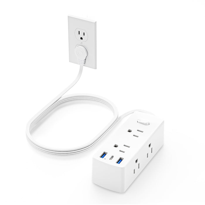 Power Strip Surge Protector, Olcorife Ultra Thin Flat Plug Extension Cord 5ft, 6 Outlets 3 USB Ports(1 USB C), 3 Sided Outlet Extender for Home Office Travel Dorm Room Essentials, White
