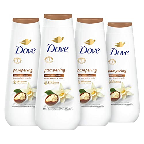 Dove Body Wash 4 Count Pampering Shea Butter & Vanilla for Renewed, Healthy-Looking Skin Gentle Skin Cleanser with 24hr Renewing MicroMoisture 20 oz