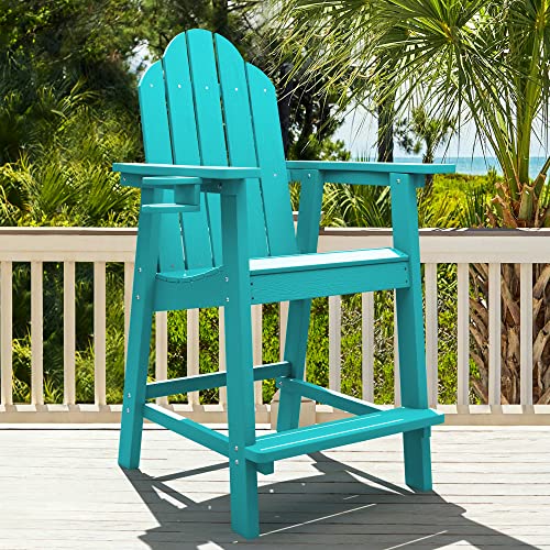 LUE BONA Tall Adirondack Chair, Recycled Poly Adirondack Chair Bar Stool with Cup Holder, 25.6", 300Lbs,Eco-Friendly Balcony Chair, Weather Resistant Patio Stool for Balcony,Deck, Arbua Blue