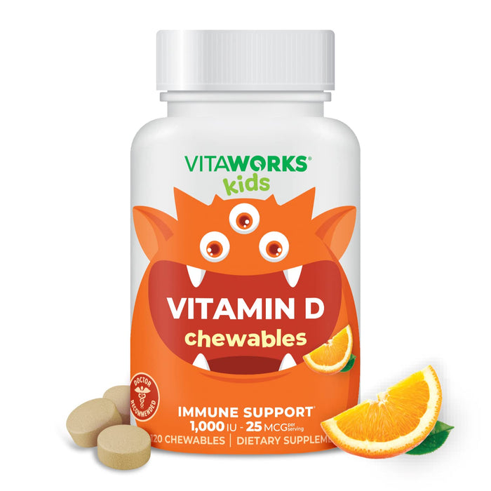 VitaWorks Kids Vitamin D 1000 IU Chewable Tablets - Tasty Natural Orange Flavor - Vegan, GMO-Free, Gluten Free, Nut Free Vitamins - Dietary Supplement for Immune Support - for Children - 120 Chewables