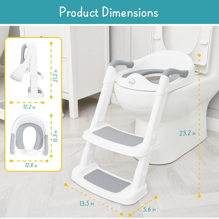 Forbena Potty Training Toilet Seat with Step Stool Ladder, Toddler Kids Potty Seat for Boys Girls, Non Slip Foldable Toilet Training Seat with Soft Cushion, Comfortable Handles (White-Grey)