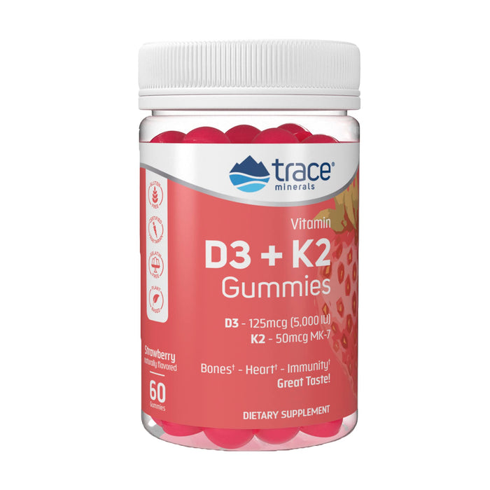 Trace Minerals | Vitamin D3 + K2 Gummies | 5,000 IU D3 + 50 mcg K2 | Vegan, Sugar Free, Gluten Free, Natural Strawberry Flavor | 60 Servings