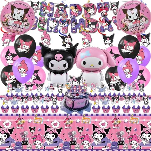 Kuromi Birthday Party Supplies, Party Decorations Set Include Banner, Balloons, Hanging Swirls, Cake Cupcake Toppers, Tablecloth for Girls Kuromi Theme Party
