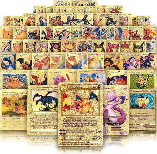 55 PCS Gold Cards Packs Vmax V EX GX Rare Golden Cards TCG Deck Box Gold Foil Card for Fans/Kids/Collectors Gifts (No Duplicates)