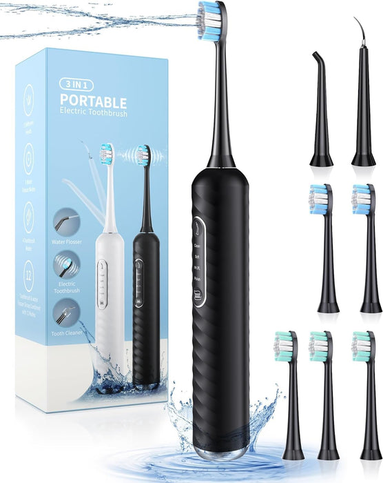 UNINGOPI Electric Toothbrush with Water flosser, 3 in 1 Teeth Cleaning Kit with 7 Modes, Electric Toothbrush and flosser Combofor Adults, Water Flosser Portable for Travel and Home (Black)