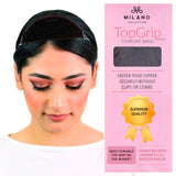 MILANO COLLECTION TopGrip Comfort Band for Small Base Toppers, Adjustable Translucent Strap, Side Openings to Secure Your Wig Topper, Includes Sewing Kit & Clip, Brown, Small