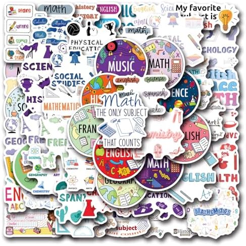 55pcs School Subject Stickers Pack, Music Histoire Physics Math Science Classroom Decor for School Teacher Student Sticker Decals for Laptop Water Bottle Notebook School Party Favors and Decor