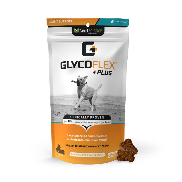 VetriScience Glycoflex Plus, Clinically Proven Hip and Joint Supplement for Dogs - Advanced Dog Supplement with Glucosamine, Chondroitin, MSM, Green Lipped Mussel & DMG - 120 Chews, Duck Flavor