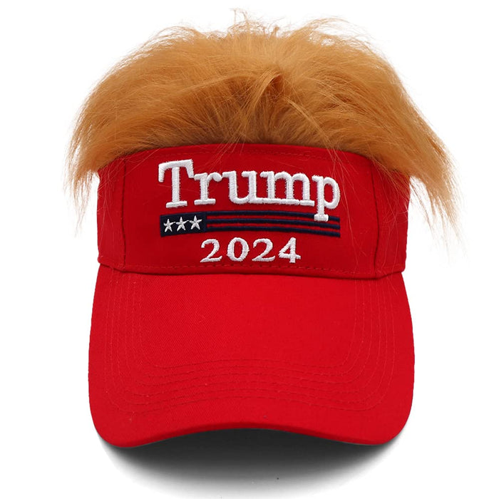 Trump Hat with Hair Trump 2024 MAGA Hat Donald Trump Hair Wig Visor Red Hat Embroidered Ultra MAGA Adjustable Baseball Cap