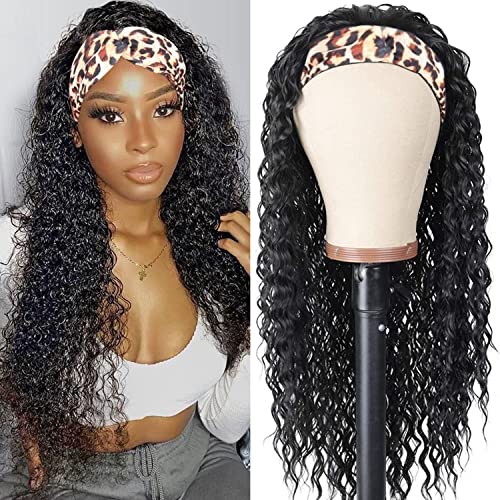 Aiterina Headband Wig deep wave human hair wigs for Black Women Brazilian Remy Hair Glueless Non Lace Front Wig 150% Density Natural Color (28 inch, Headband Wig Deep Wave)