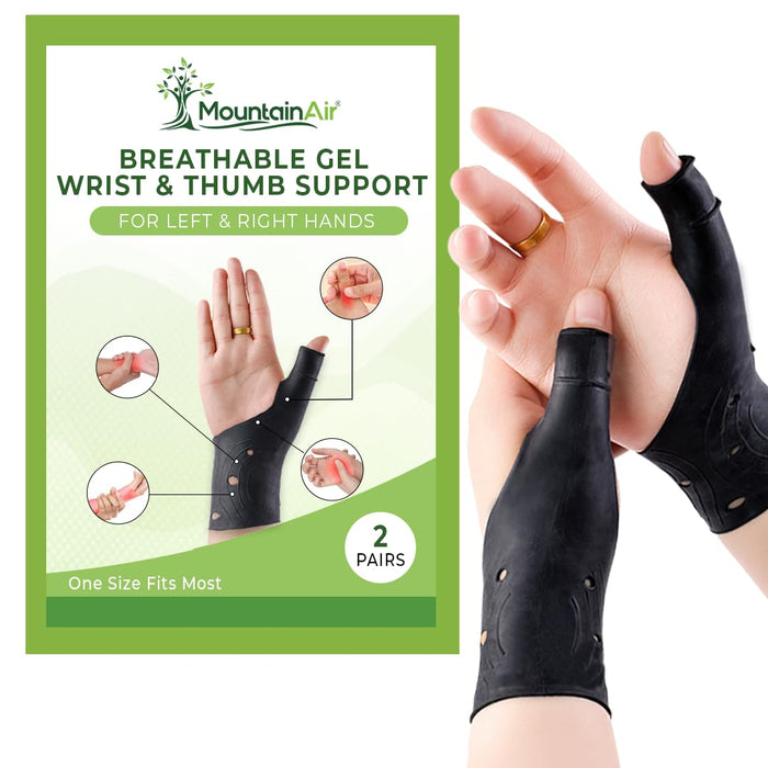 MountainAir Gel Thumb Braces (4 Pcs) – Waterproof and Unisex Wrist Brace With Thumb Support- Hand Brace for Arthritis Pain– Super Soft & Comfortable – Made With Latex Rubber (Black)