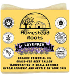 Homestead Roots -Lavender- Handcrafted with Grass-Fed Beef Tallow and Organic Oils - Scented with Organic Essential Oils - Artisanal Bar Soap - 3 Pack - Each Bar Unique